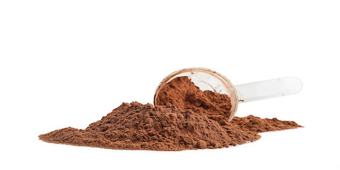 Scoop of chocolate protein powder