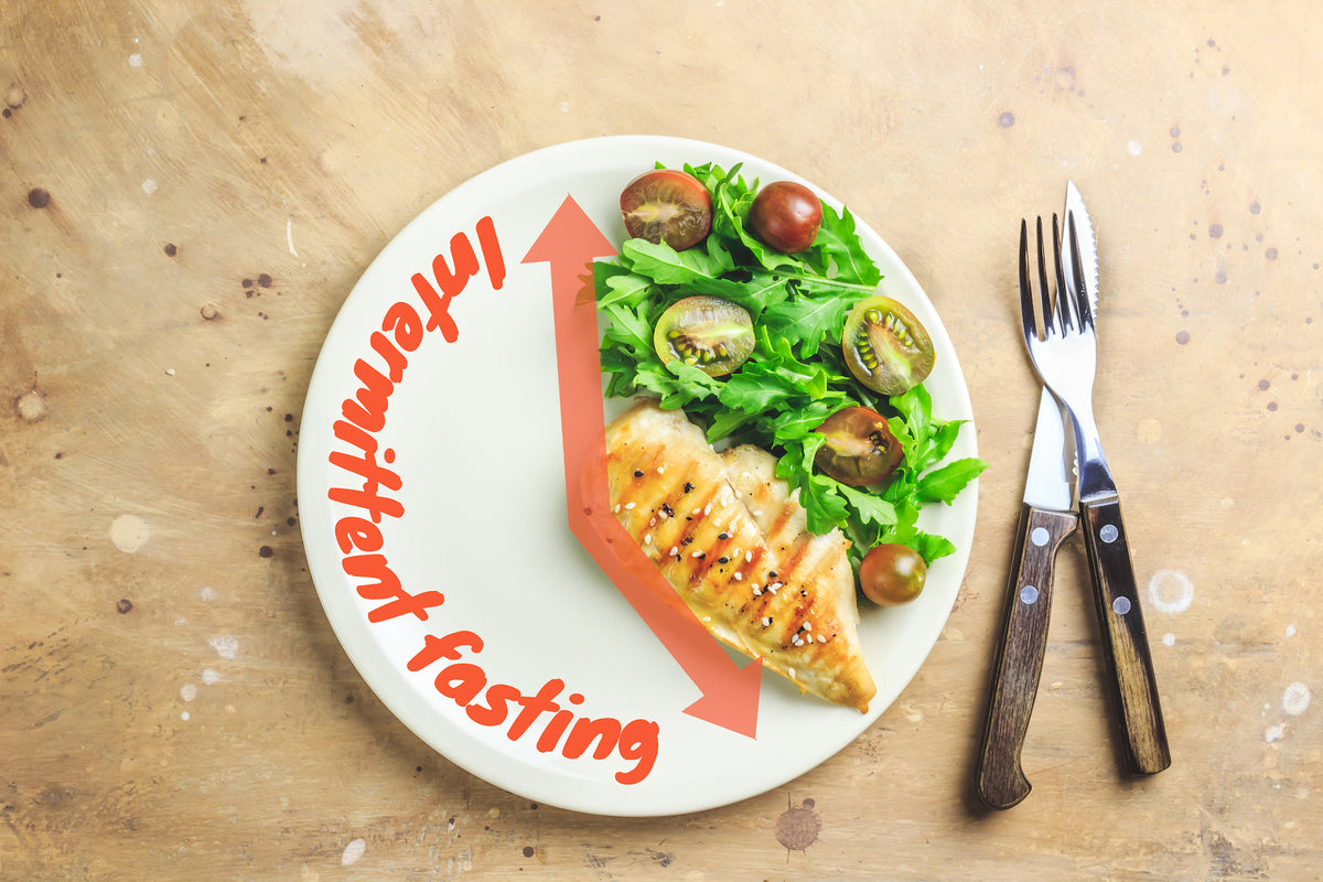 Plate with a healthy meal and the words intermittent fasting