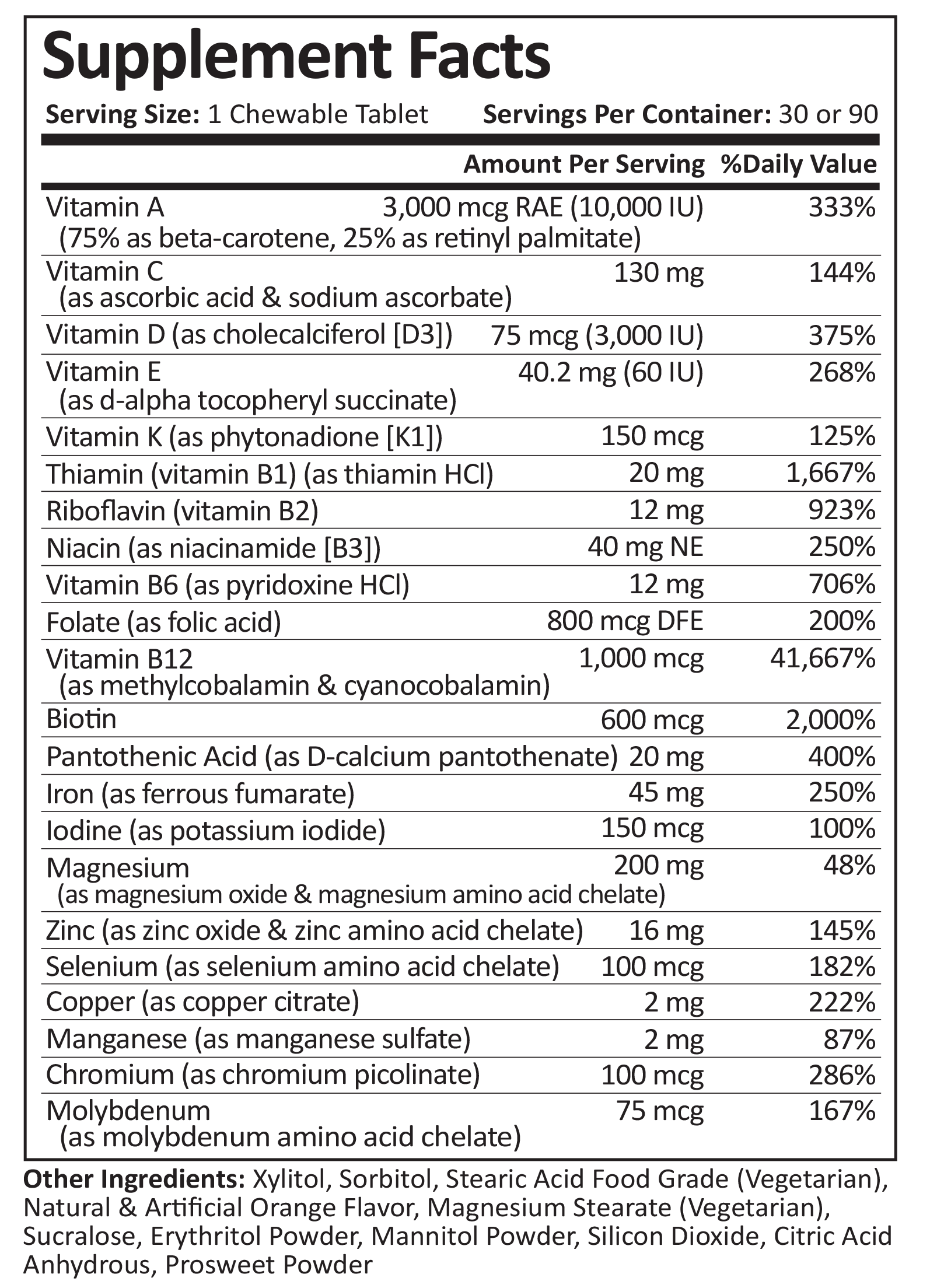 Supplement Facts for Bariatric Multivitamin Chewable in Orange Flavor
