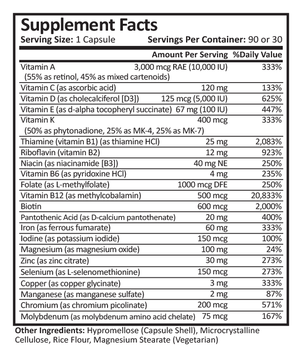 Supplement Facts for DS/SADI Core Multivitamin with 60mg Iron