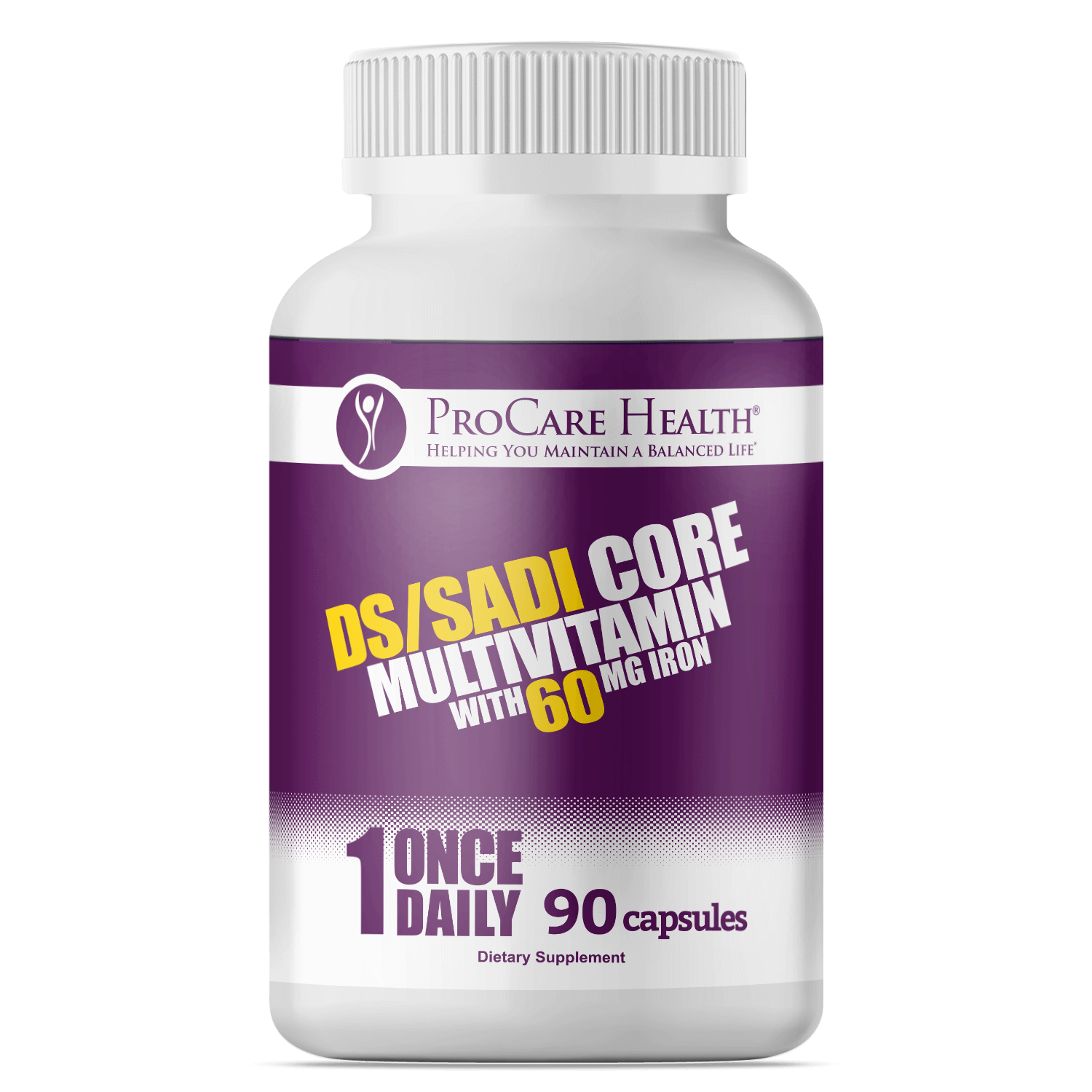 DS/SADI Core Multivitamin with 60 mg Iron in 90ct Purple Bottle Front Label
