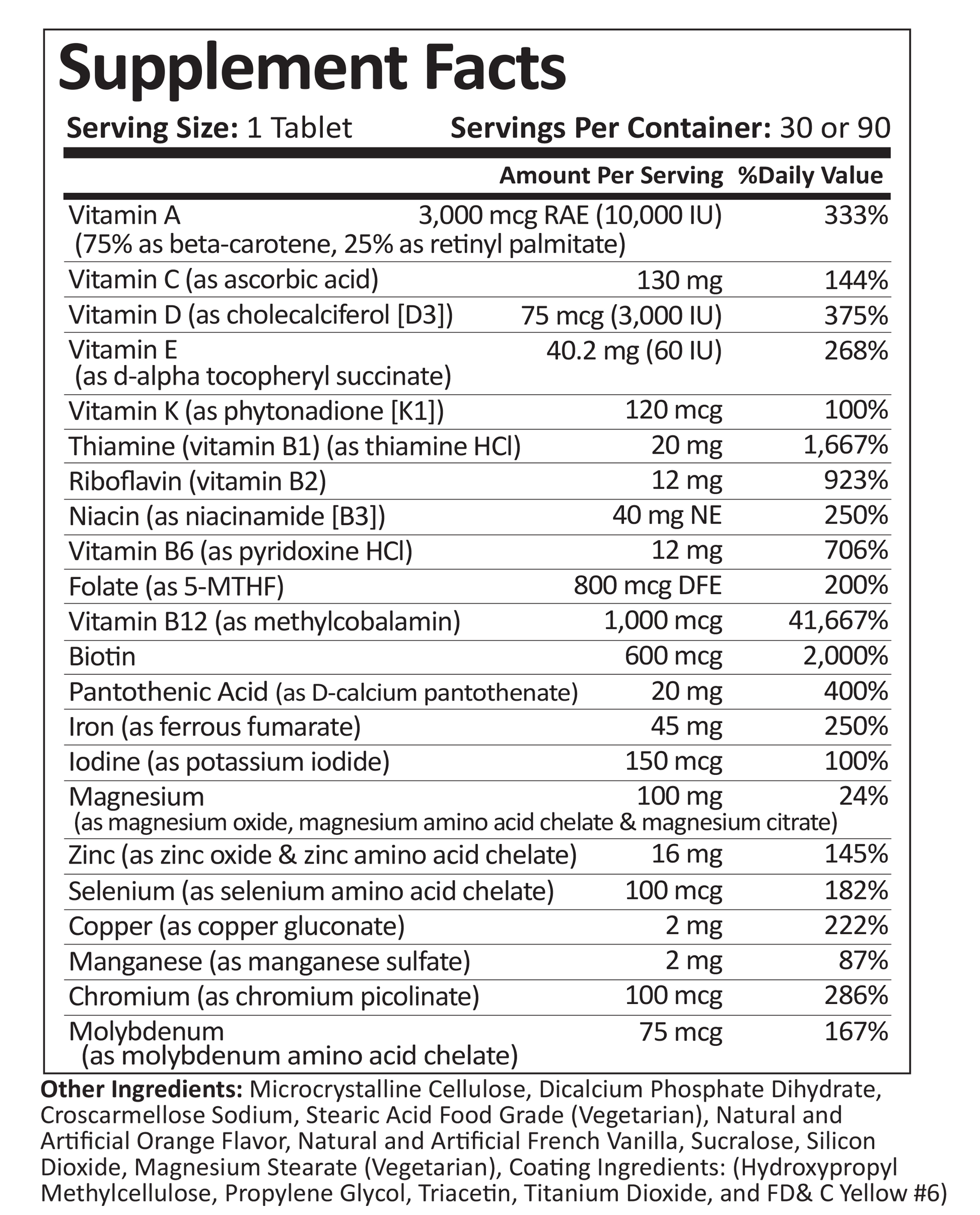 Supplement Facts for Bariatic Multivitamin with 45mg Iron