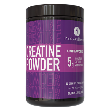 Creatine Monohydrate Powder in a black container by ProCare Health, unflavored with 5g per serving.