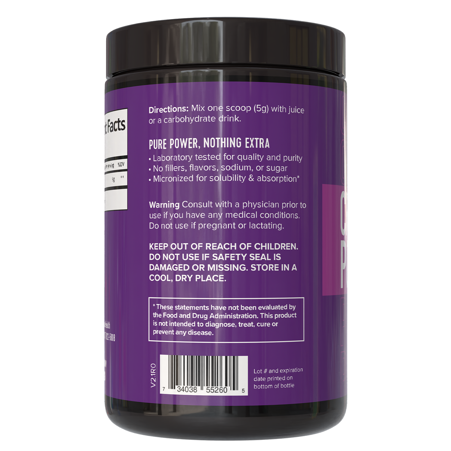 Creatine Monohydrate Powder container with directions and warning labels for safe usage and dosage.