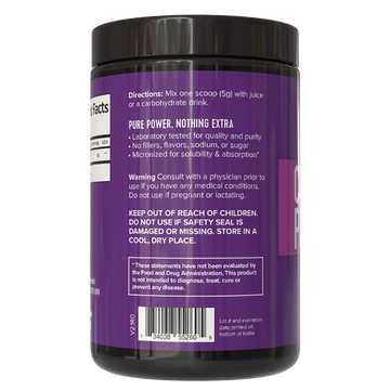 Creatine Monohydrate Powder container with directions and warning labels for safe usage and dosage.