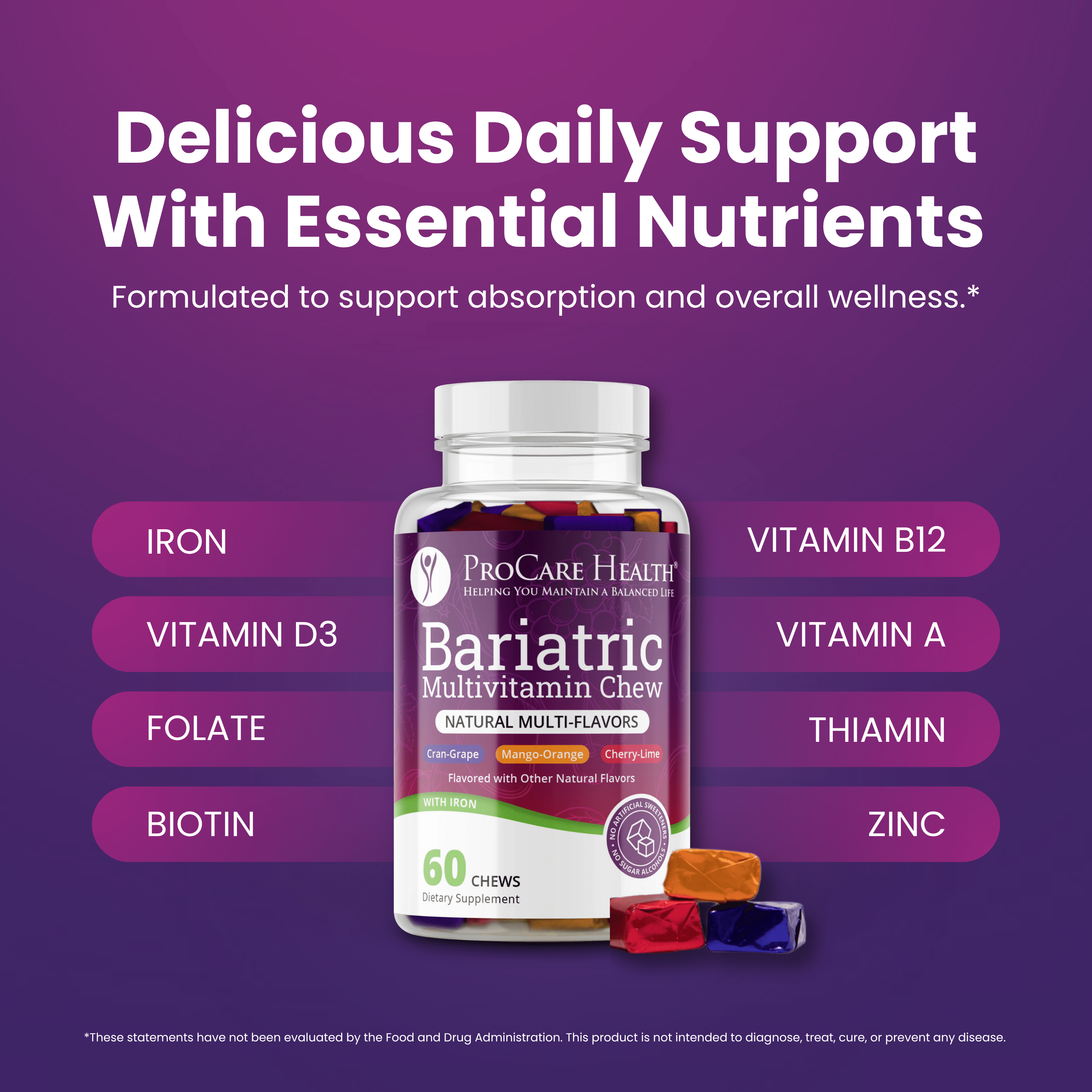 Bariatric Multivitamin Chew bottle highlighting key nutrients included in the formula