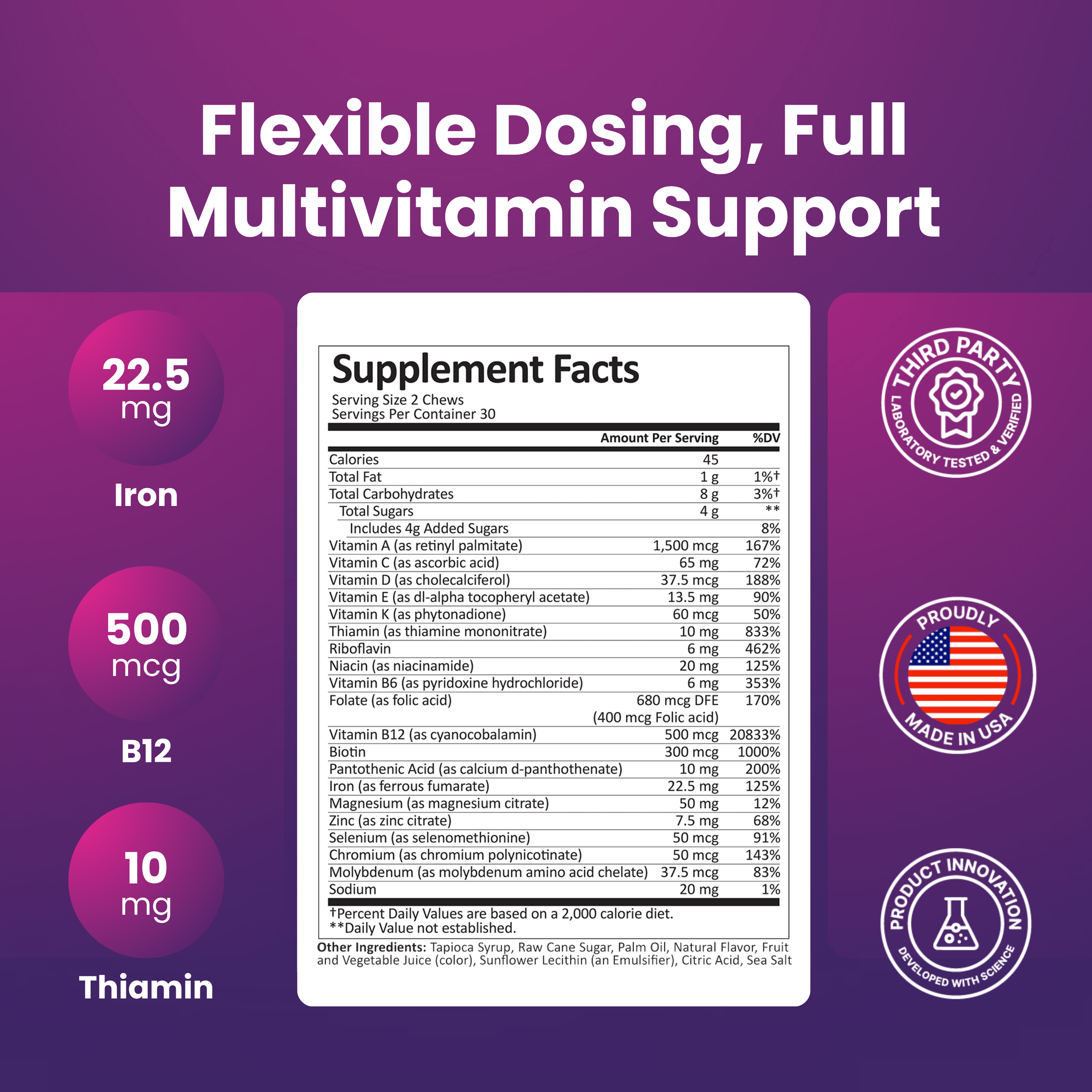 Bariatric Multivitamin | Soft Chew | Multi-Flavor | 60 Count Supplement Facts including Iron, B12, Thiamin and more.