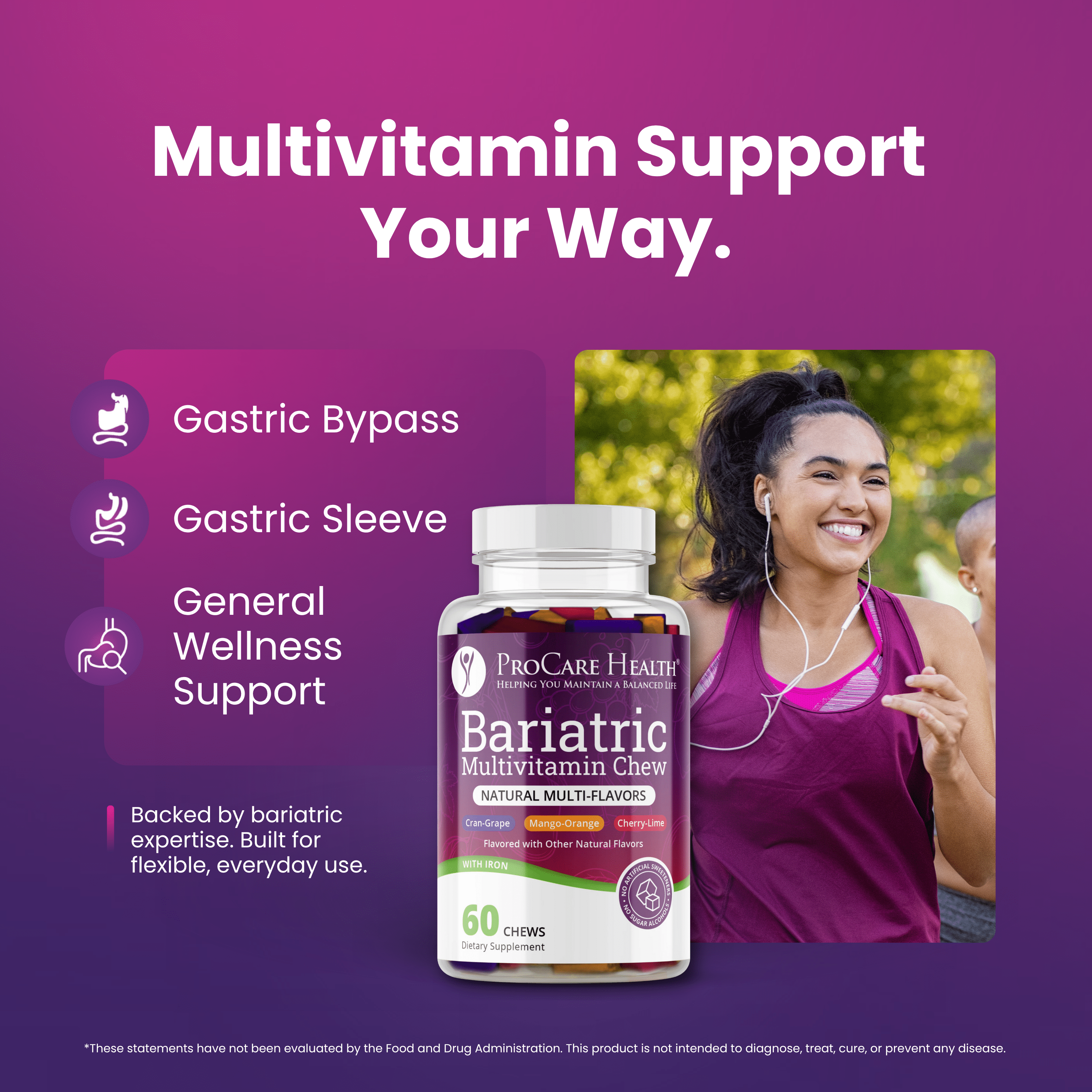 Multvitamin Soft Chews bottle highlighting use cases: Gastric Bypass, Gastric Sleeve and General Wellness Support