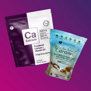 ProCare Health Calcium Products in 90ct Single Serving Stick of Powdered Calcium + Vitamin D3 and 90ct Sea Salted Caramel Flavored Calcium Chews