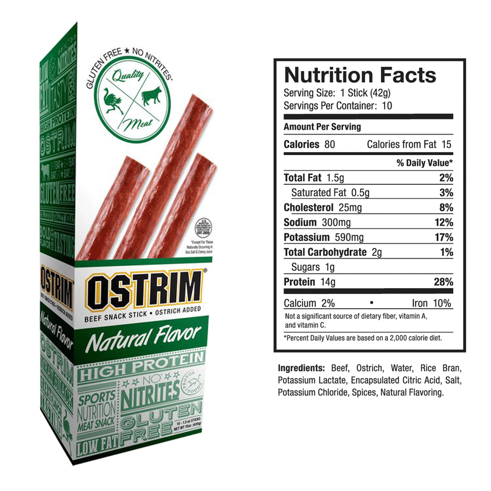 Ostrim beef snack sticks with natural flavor, nutrition facts.
