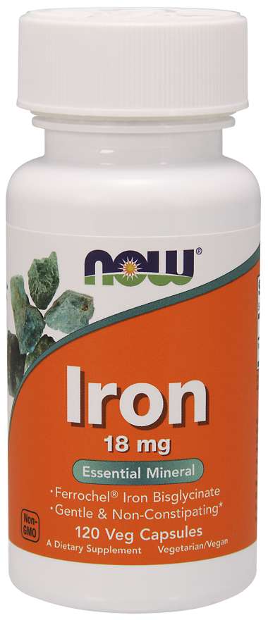 Bottle of NOW Iron supplement.