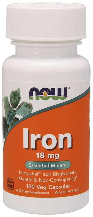 Bottle of NOW Iron supplement.