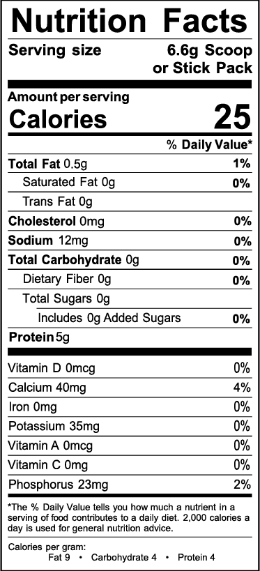 25 Calories, Protein 5g, detailed supplement facts.