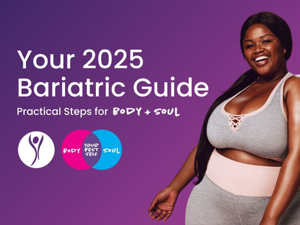 Blog graphic reading Your 2025 Bariatric Guide with a smiling woman on a purple background
