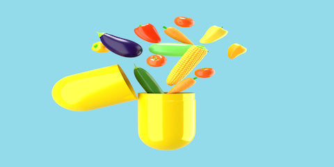 Illustration of an open capsule with vitamins and minerals spilling out