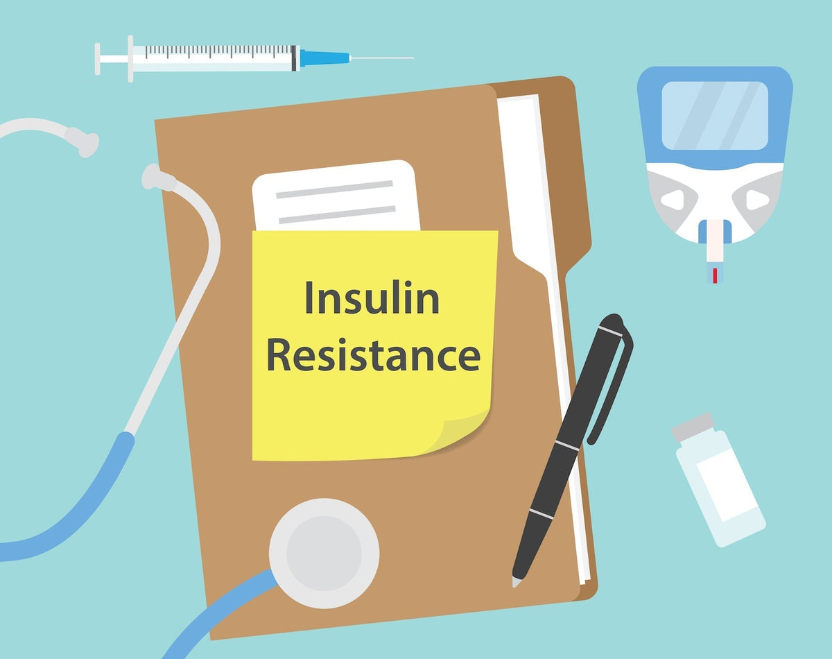 Graphic showing a folder labeled Insulin Resistance with medical tools like a syringe and blood sugar monitor.