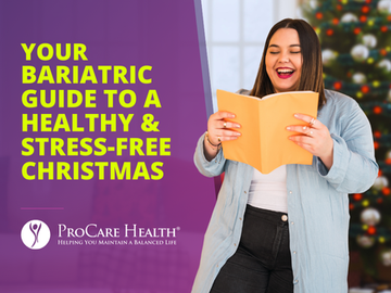 woman in front of christmas tree reading the bariatric guide to a healthy and stress free christmas