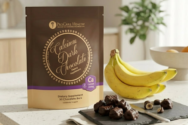 Dark chocolate covered banana bites beside a ProCare Health Calcium Dark Chocolate bag and fresh bananas