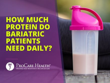 Blog title text: How Much Protein Do Bariatric patients Need Daily overlayed on an image of a protein bottle shaker