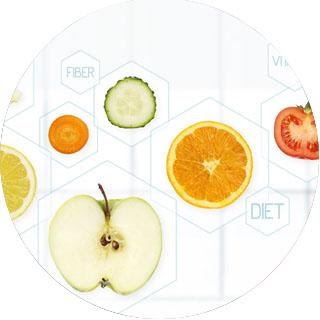 Illustration of a healthy apple, orange and cucumber slices with nutrition icons