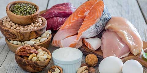 Assortment of protein foods including chicken, fish, beef, eggs and beans