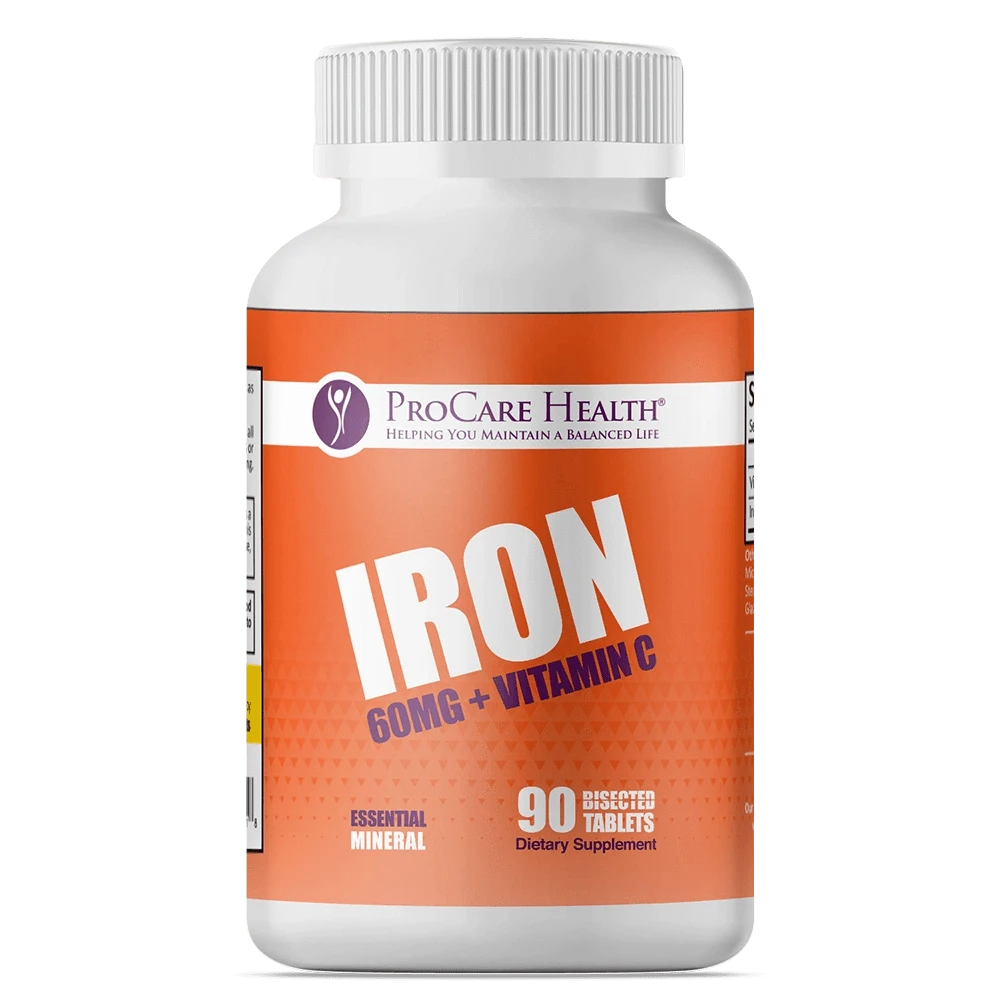 ProCare Health Iron 60mg + Vitamin C 90 Bisected Tablets on orange bottle