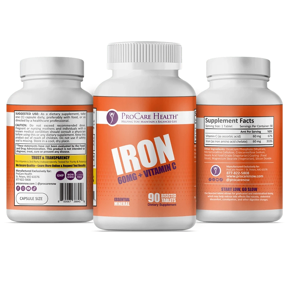 Three bottles of ProCare Health Iron 60mg + Vitamin C, 90 bisected tablets: front label in center, supplement facts on right, and suggested use on left.