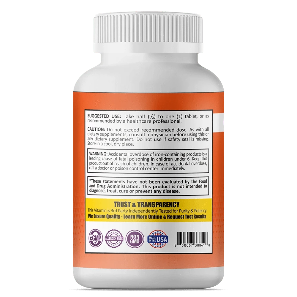 ProCare Health Iron 60mg + Vitamin C suggested use and warning label on orange bottle. 