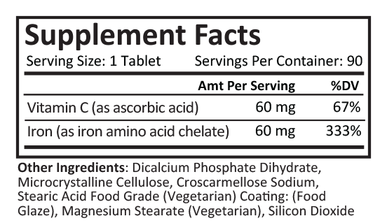 Iron Chelate 60mg + Vitamin C | Bisected Tablet | 90 Count Supplement Facts