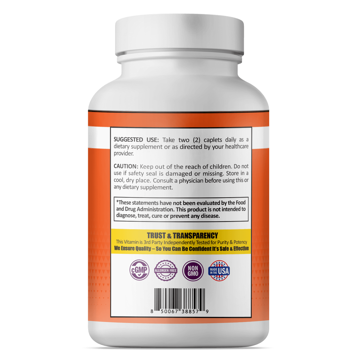 Calcium citrate caplets back label, close-up