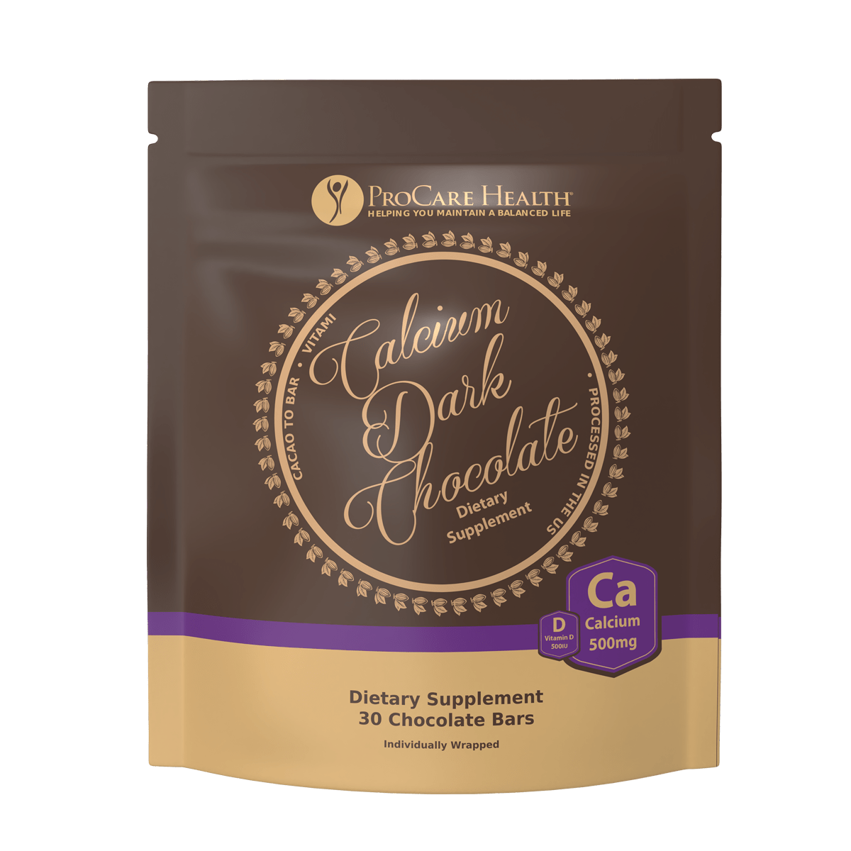 30 ct bag of Calcium Dark Chocolate Bars with 500mg of Calcium and 500 IU of Vitamin D