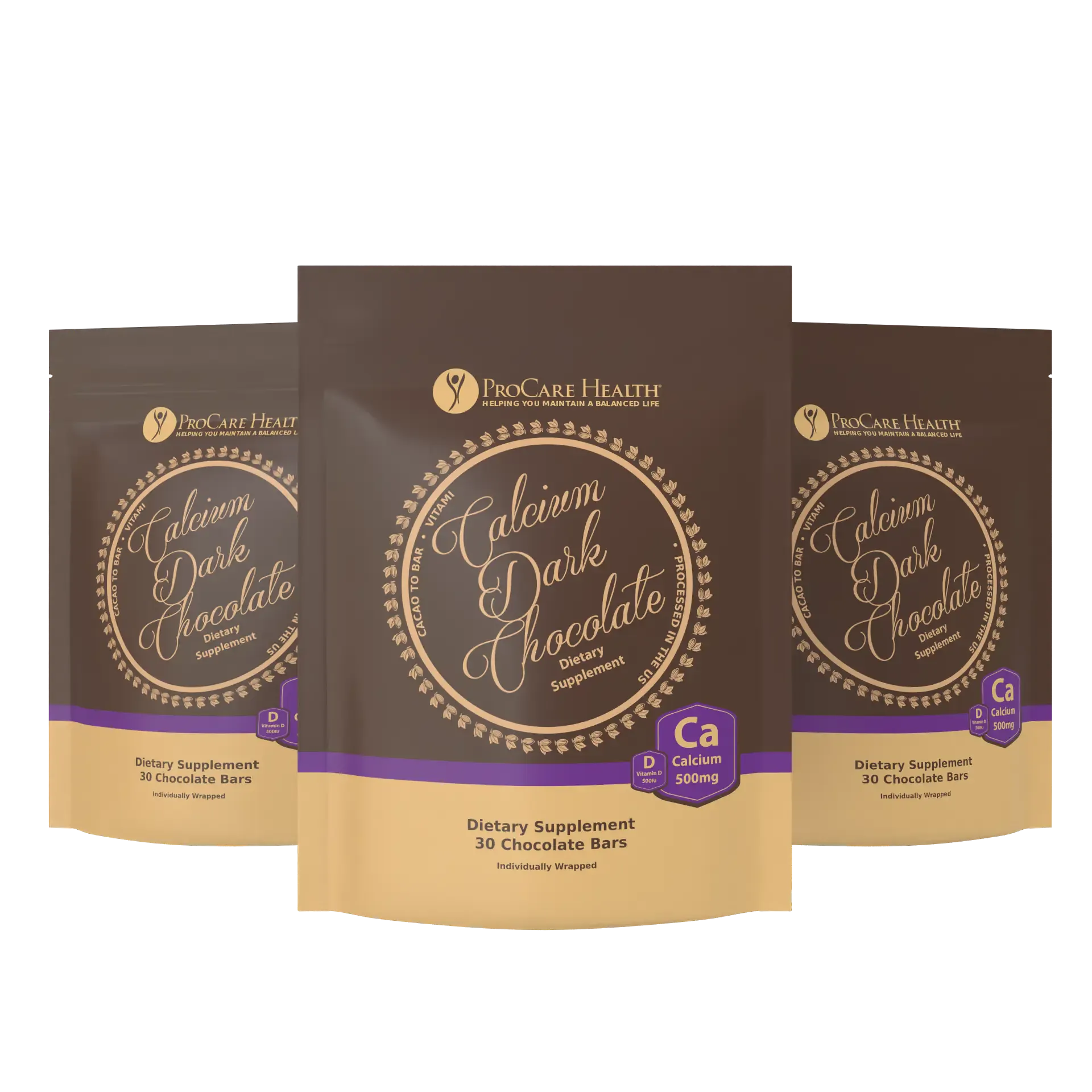 Three 30ct packages of Calcium Dark Chocolate Bars