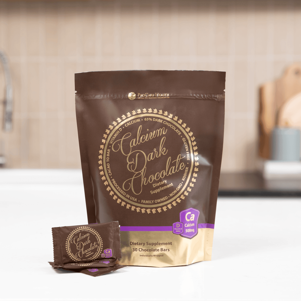 Dark Chocolate Calcium Bars sitting on a kitchen counter
