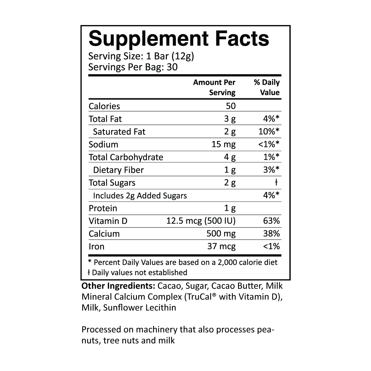 Dark Chocolate Calcium Bars Supplement Facts