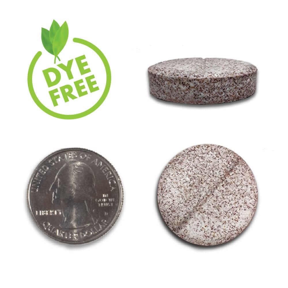 Dye-Free Chewable Tablets compared to a size of a quarter. 