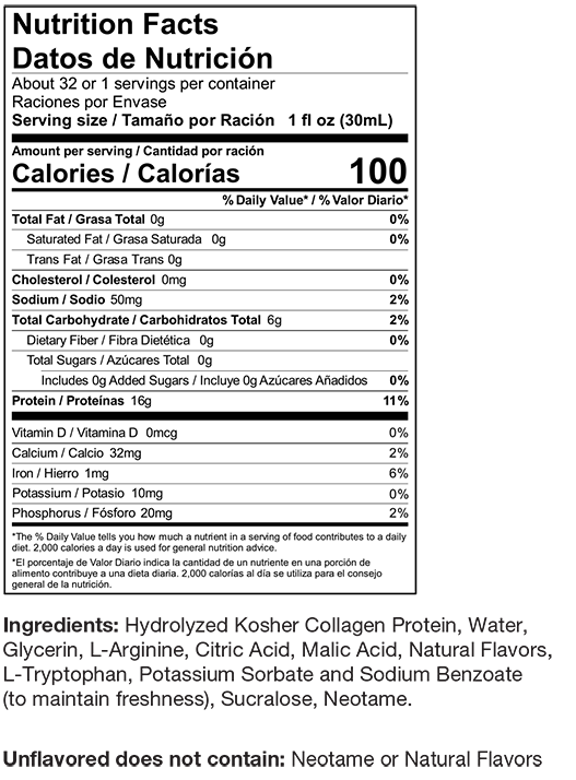 Nutritional Facts for 30ml of LiquaCel in Spanish Translation