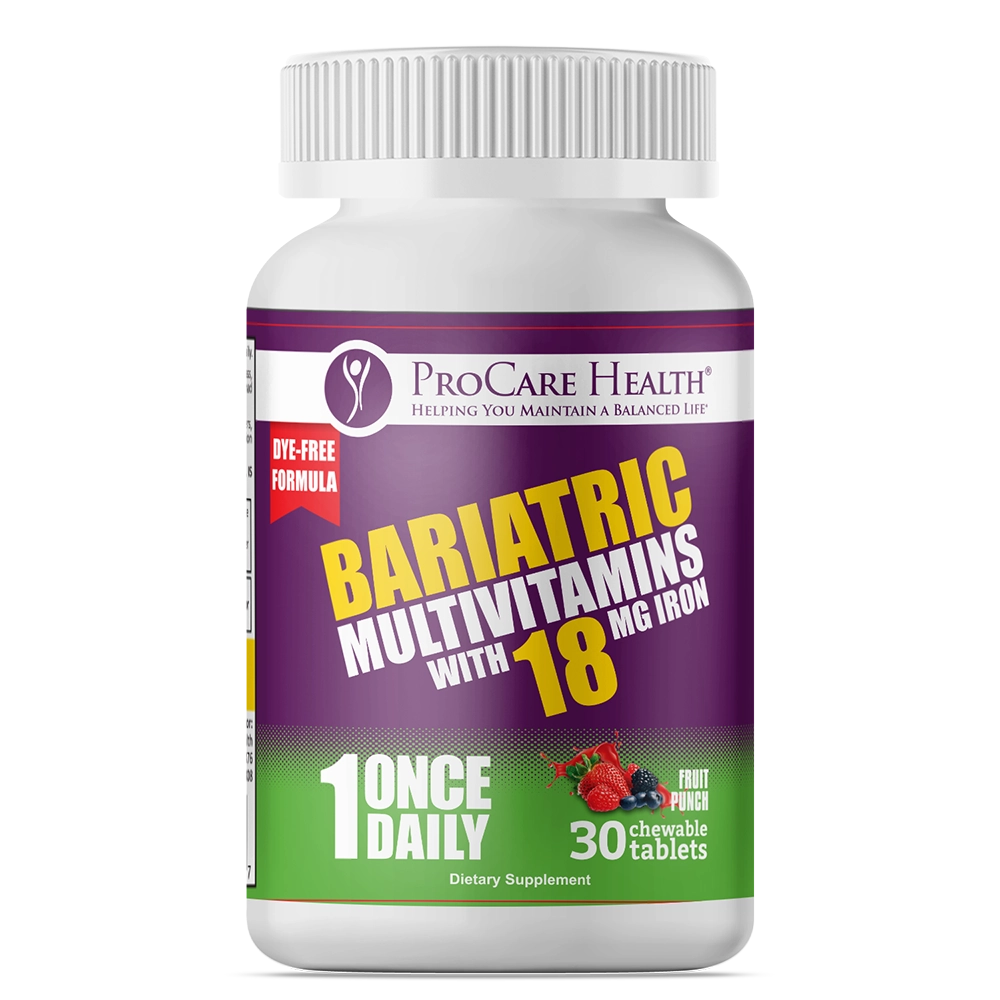 Bariatric Multivitamins with 18mg Iron in a purple 30-chew bottle. 