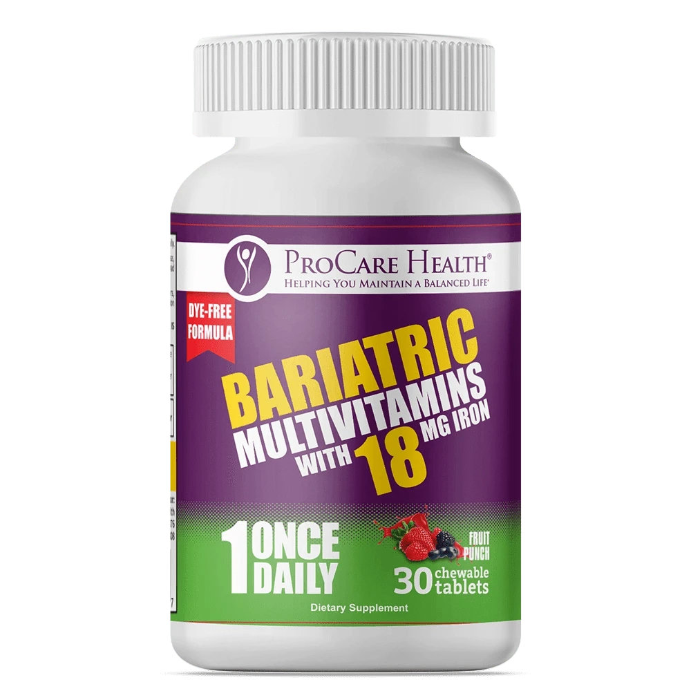 Bariatric Multivitamins with 18mg Iron in a purple 30-chew bottle. 