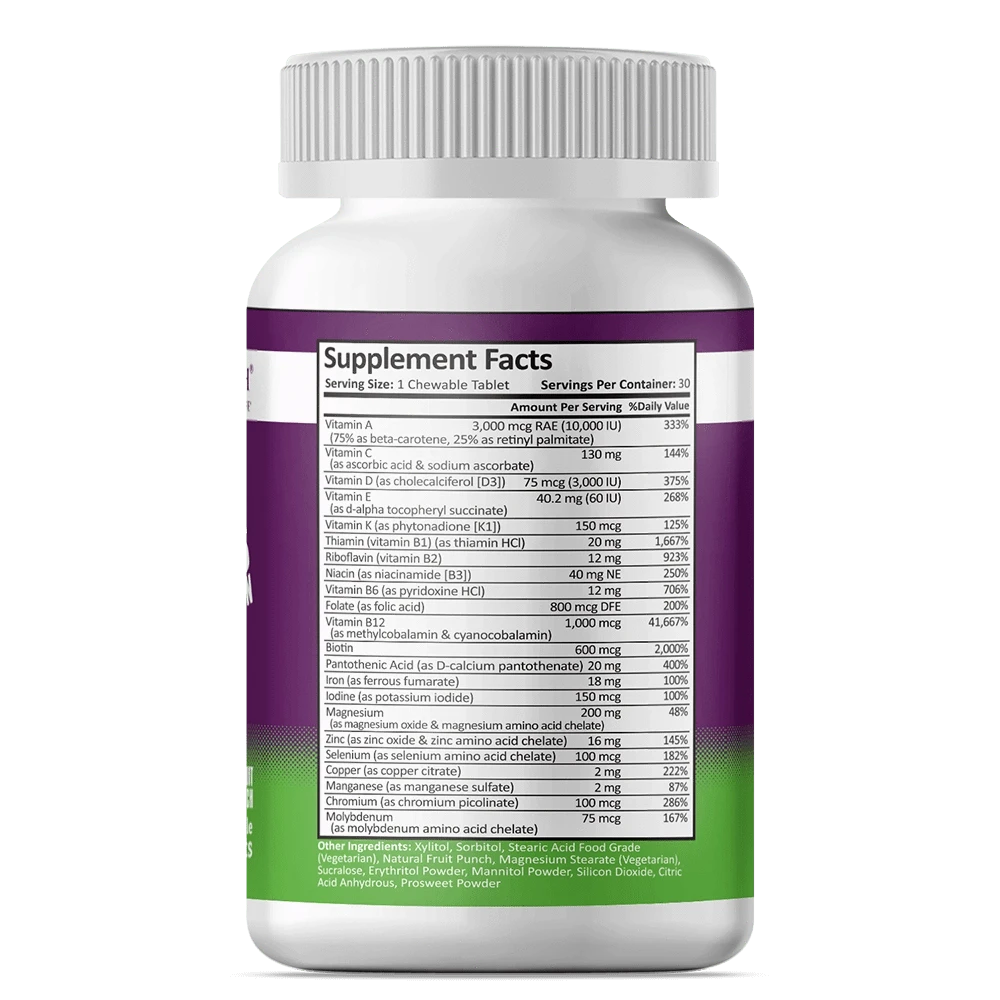 Bariatric Multivitamins with 18mg Iron in 30-Chew Bottle Supplement Facts