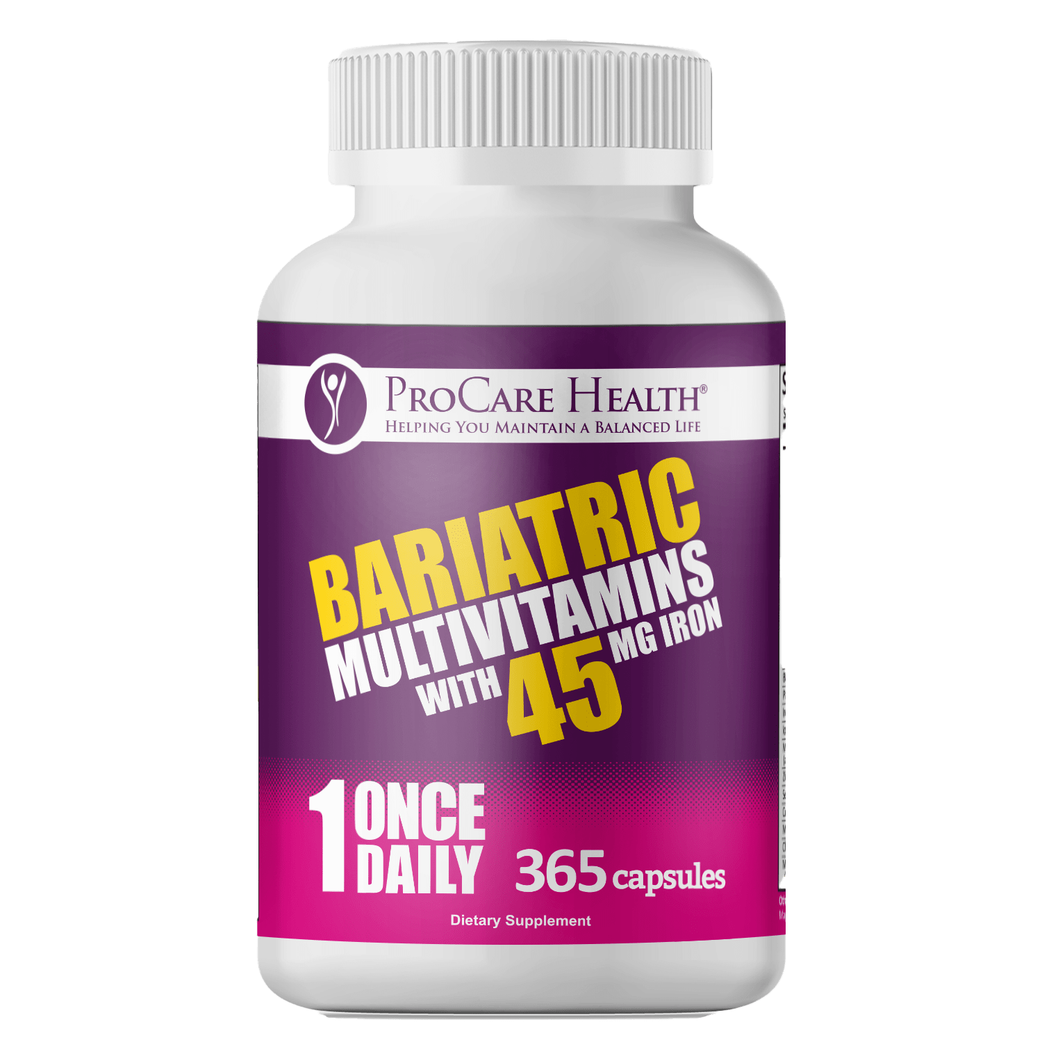 Bariatric Multivitamins with 45 mg Iron in a 365ct bottle of once-daily capsules