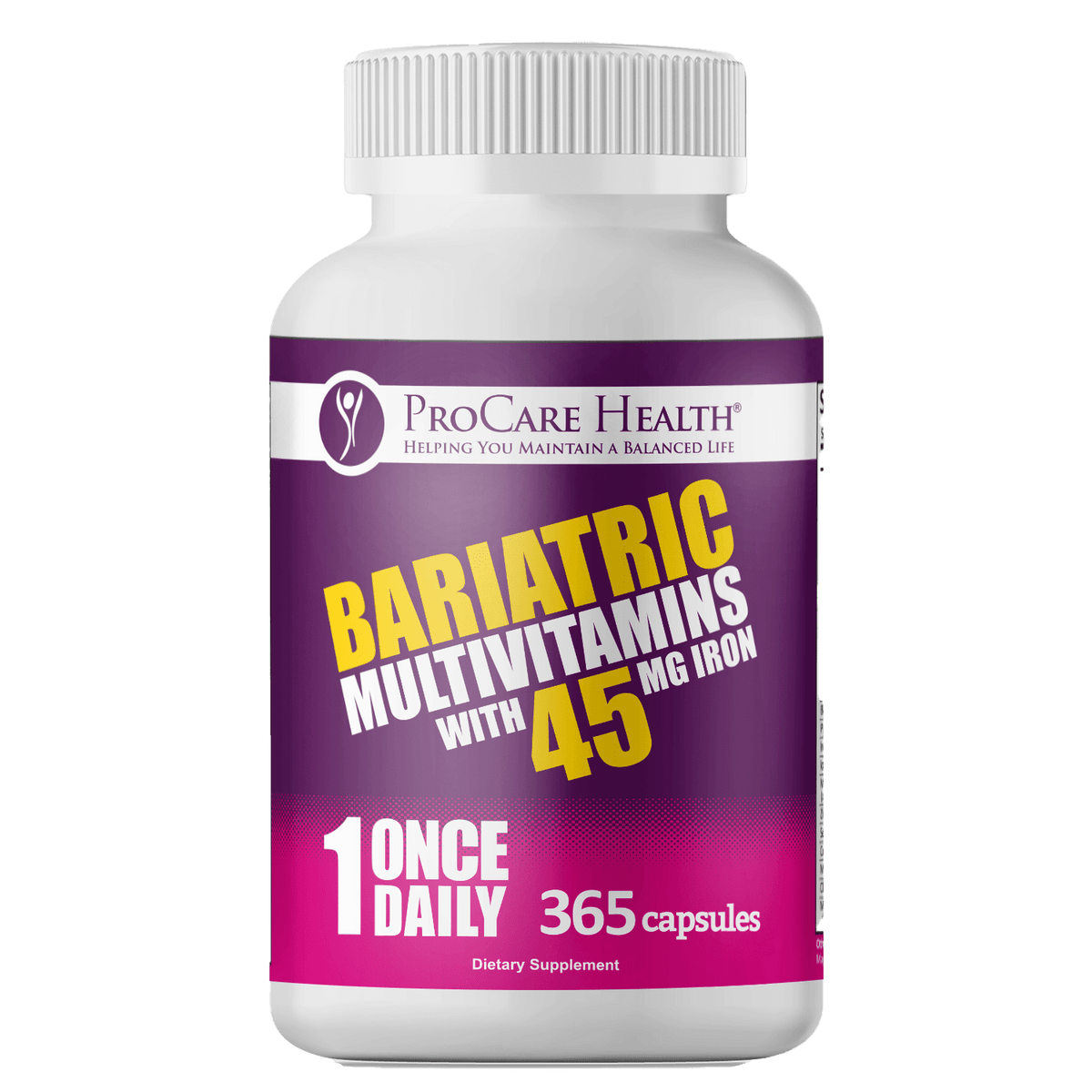 Bariatric Multivitamins with 45 mg Iron in a 365ct bottle of once-daily capsules