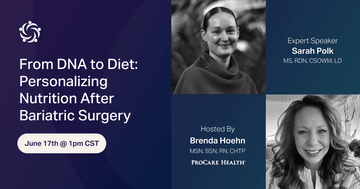 Promotional graphic for a nutrition seminar with speaker information (Sarah Polk) and event details: From DNA to Diet: Personalizing Nutrition After Bariatric Surgery