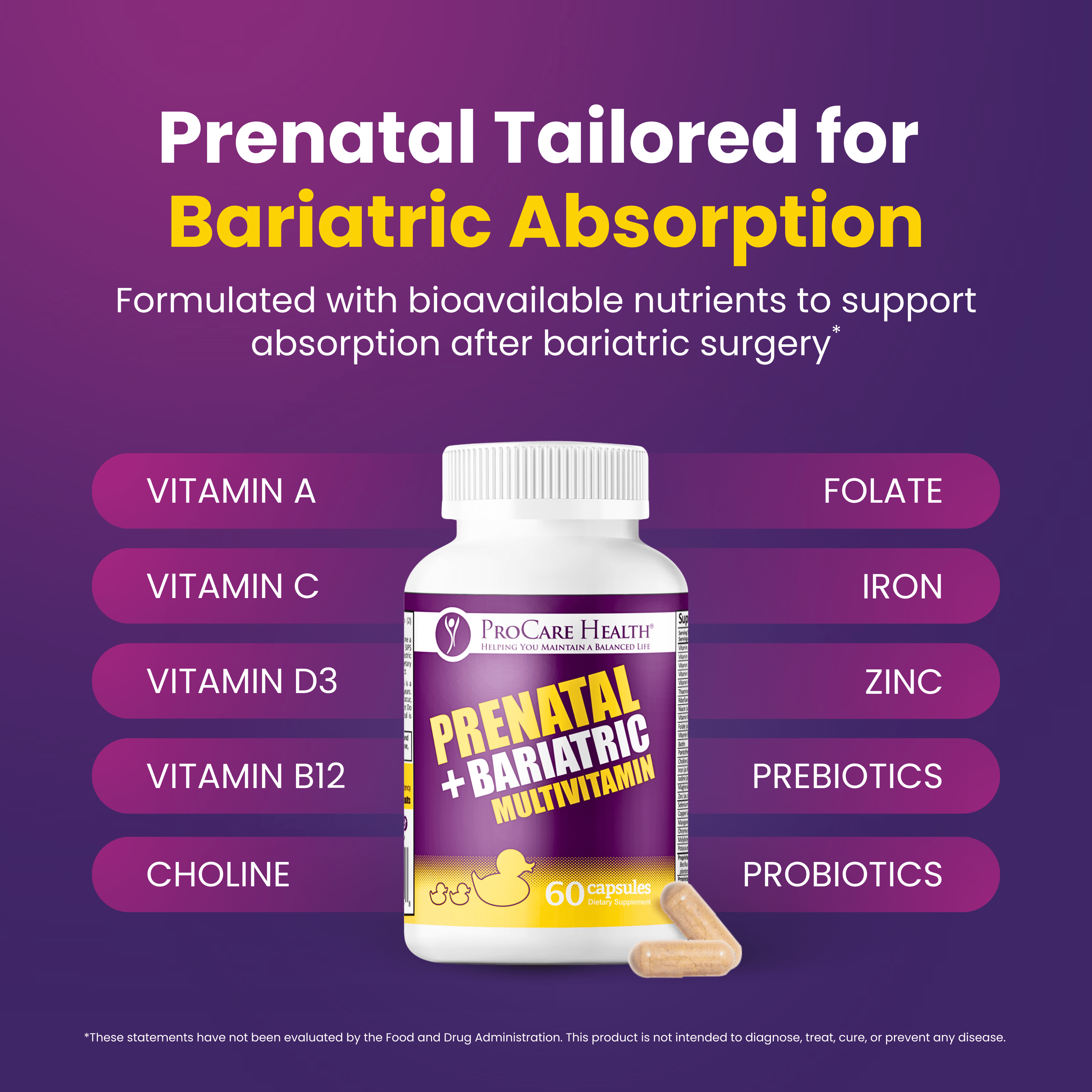 Prenatal Multivitamin | Capsule | 60 Count featuring tailored nutrients for bariatric absorption after surgery.