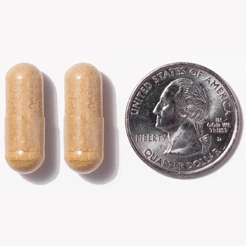 Two probiotic capsules next to a quarter.