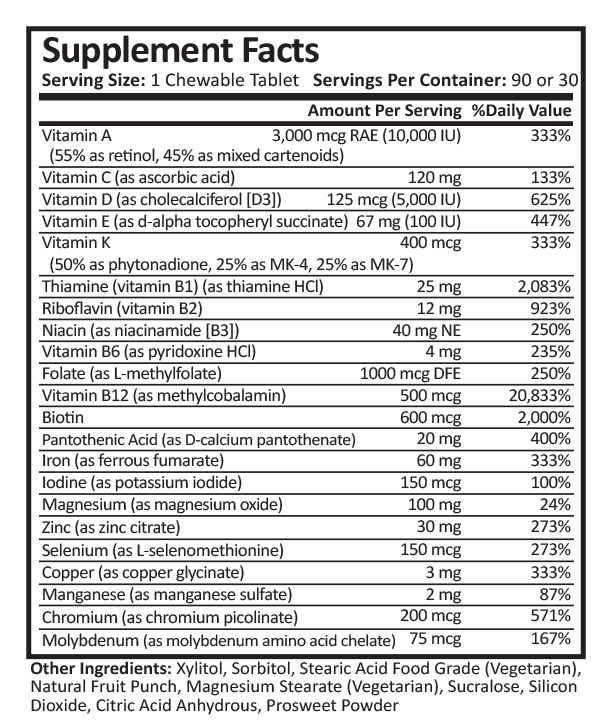 Supplement Facts for DS/SADI Core Multivitamin with 60mg Iron in 30/90ct Bottle