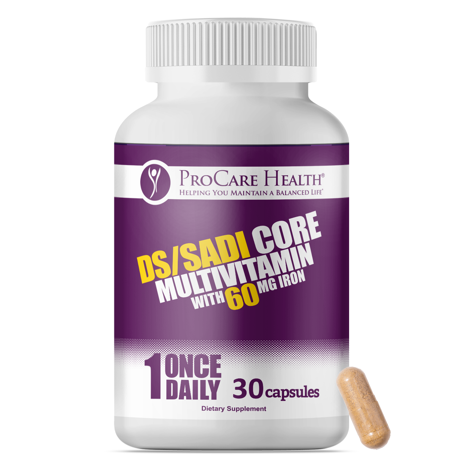 DS/SADI Core Multivitamin with 60mg Iron in 30ct Purple Bottle Front Label