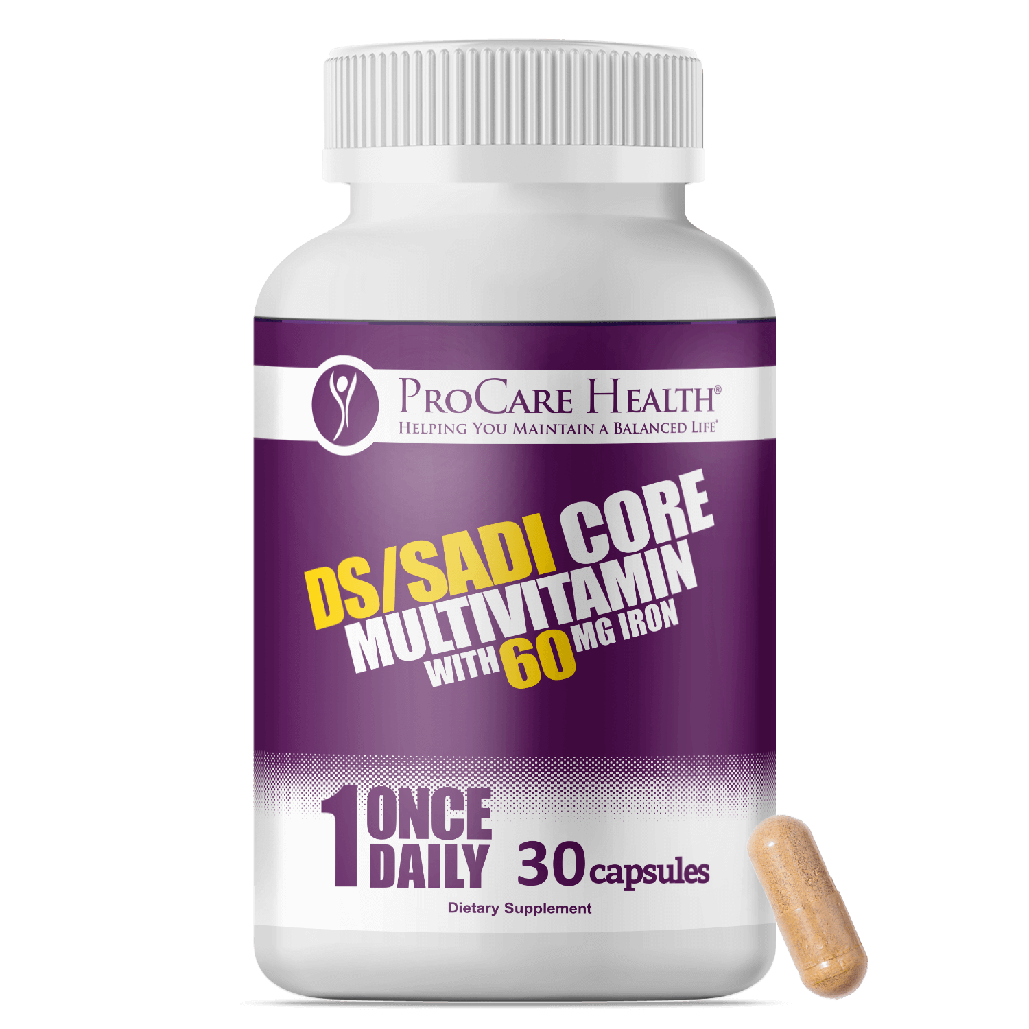 DS/SADI Core Multivitamin with 60mg Iron in 30ct Purple Bottle Front Label