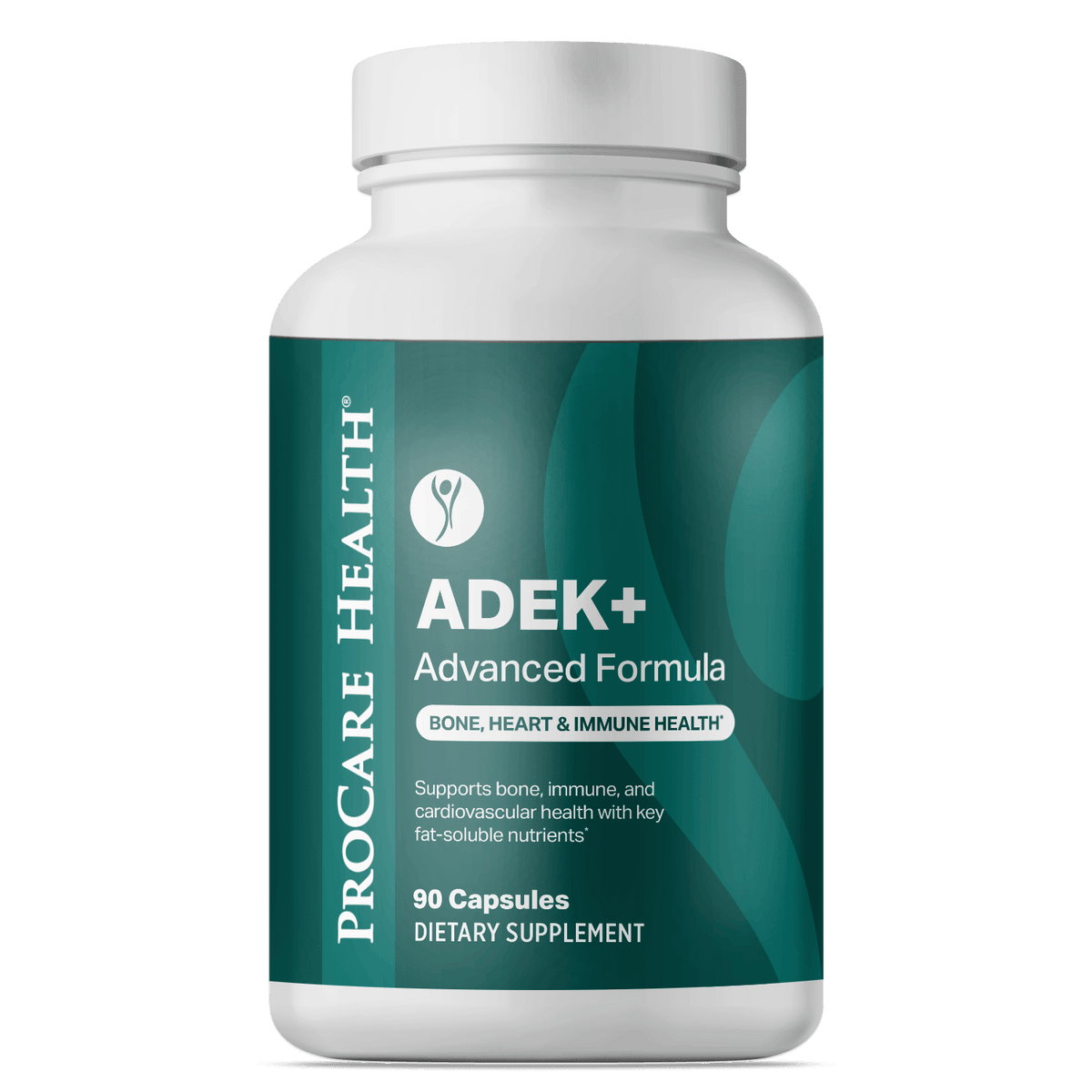 Supplement bottle labeled 'ADEK+ Advanced Formula' by ProCare Health 90 ct capsules