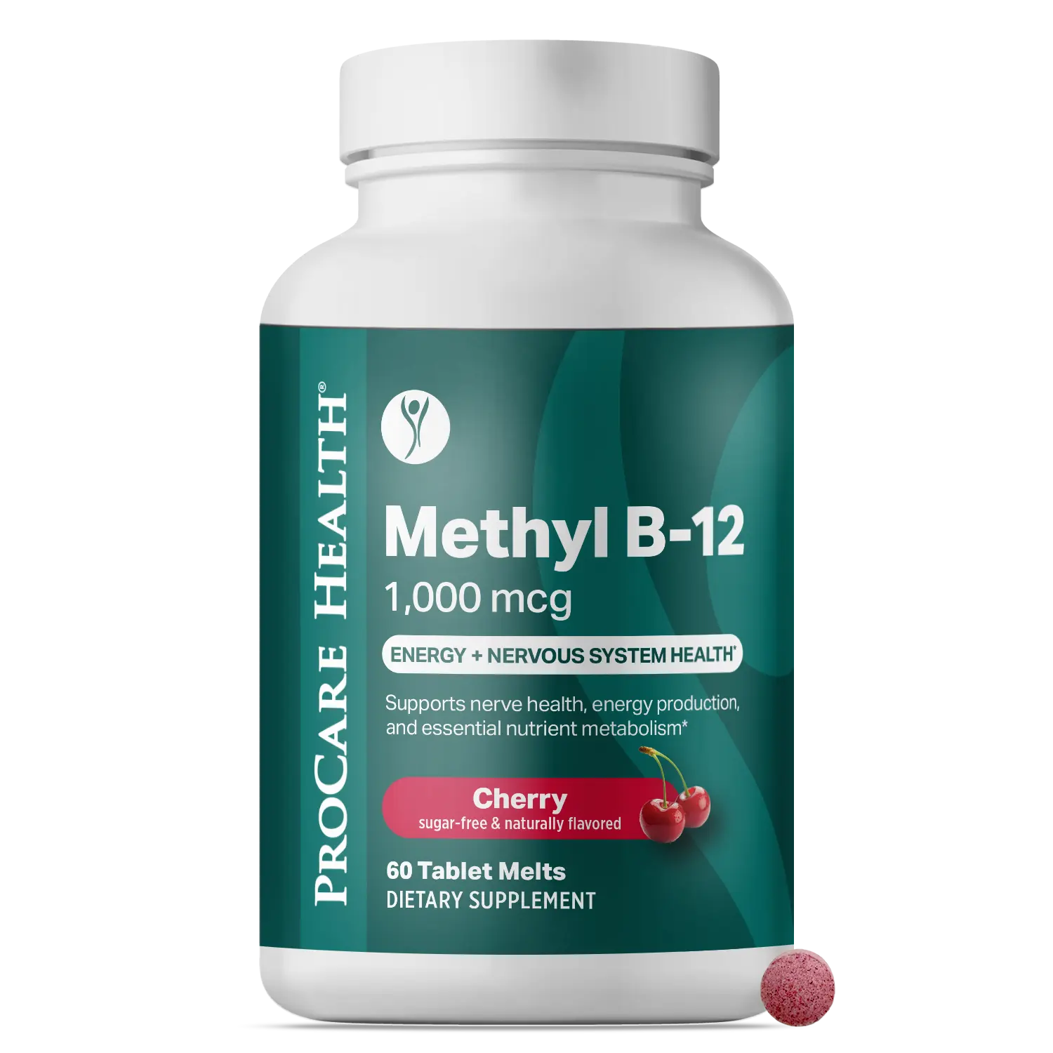 Supplement bottle labeled 'Methyl B-12' by ProCare Health on a white background