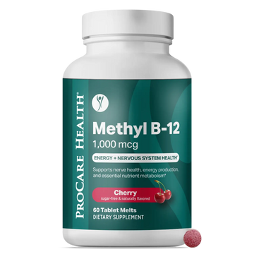Supplement bottle labeled 'Methyl B-12' by ProCare Health on a white background